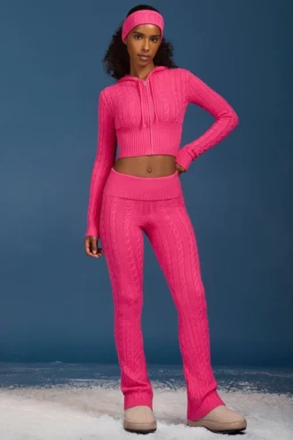 Pantalon évasé à revers en maille torsadée, rose vif