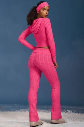 Pantalon évasé à revers en maille torsadée, rose vif
