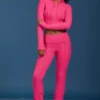 Pantalon évasé à revers en maille torsadée, rose vif Pantalon évasé à revers en maille torsadée, rose vif