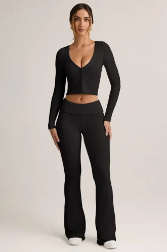 Pantalon évasé à revers en modal côtelé Jules, noir