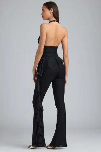 Pantalon évasé taille basse à volants Reese métallisé en noir