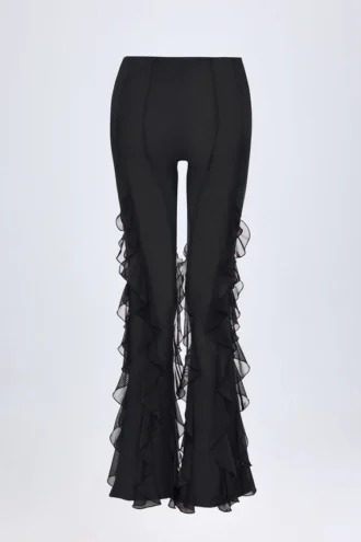 Pantalon évasé à taille mi-haute et volants Felicity en noir