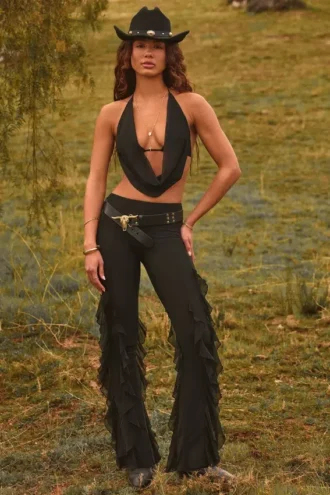 Pantalon évasé à taille mi-haute et volants Felicity en noir