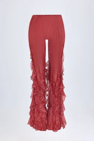 Pantalon évasé à taille mi-haute et volants Felicity, imprimé rouge