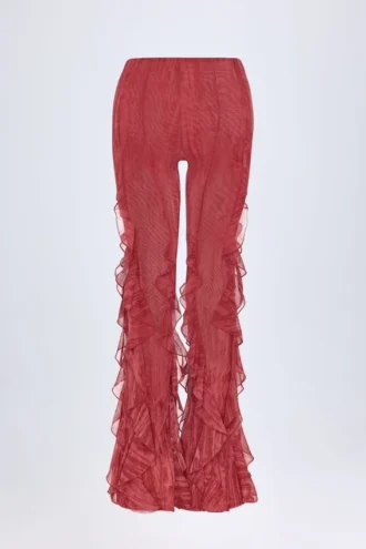 Pantalon évasé à taille mi-haute et volants Felicity, imprimé rouge