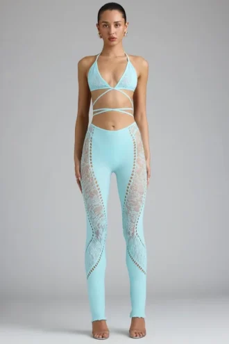 Pantalon évasé à taille mi-haute orné Stevie, bleu glacier