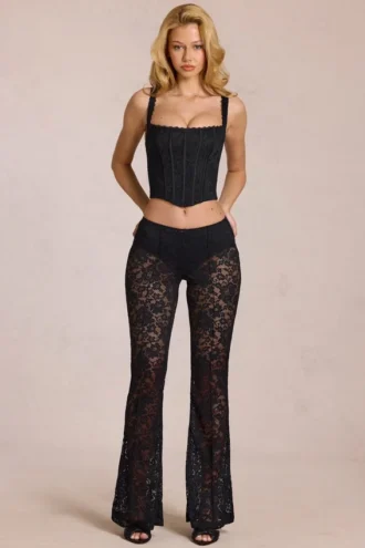 Pantalon évasé taille moyenne en dentelle transparente Calista, noir