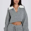 Pull court à col superposé en maille douce, gris