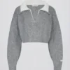 Pull court à col superposé en maille douce, gris