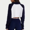 Pull court à col zippé en maille côtelée bleu marine classique Pull court à col zippé en maille côtelée bleu marine classique