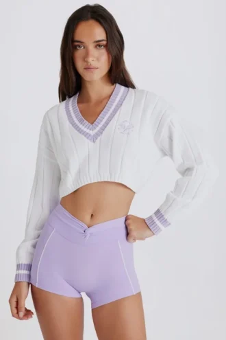 Pull court en coton à mailles torsadées, couleur lilas ivoire