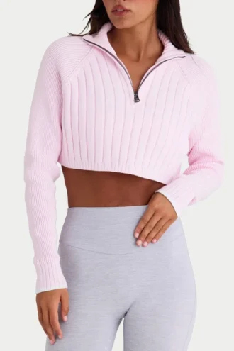 Pull court en maille côtelée à fermeture à glissière quart de longueur, couleur rose poudré