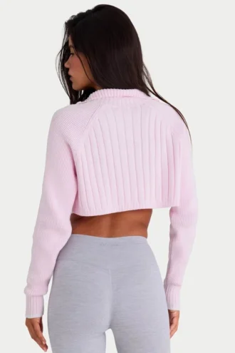 Pull court en maille côtelée à fermeture à glissière quart de longueur, couleur rose poudré