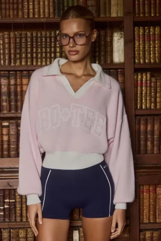 Pull oversize à col en V en jersey de coton rose poudré