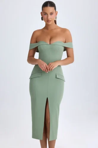 Rasine Robe mi-longue à épaules dénudées en vert kaki