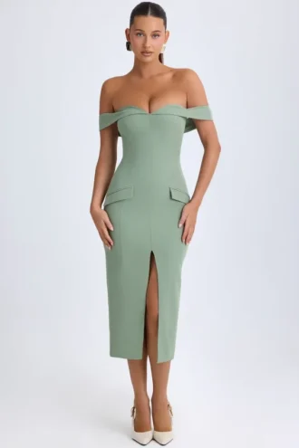 Rasine Robe mi-longue à épaules dénudées en vert kaki