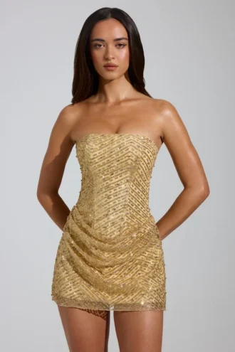 Robe A-line bandeau ornée Amalina, couleur or