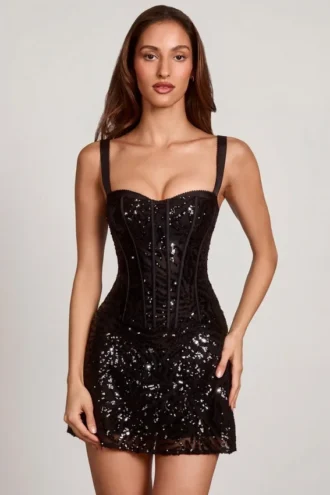 Robe A-line Benedetta à corset ajouré et paillettes, imprimé zèbre noir