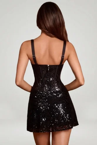 Robe A-line Benedetta à corset ajouré et paillettes, imprimé zèbre noir