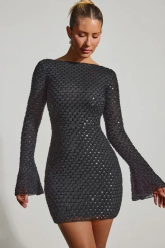Robe A-line à dos nu et ornée Grazina, en noir