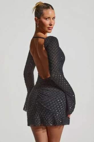 Robe A-line à dos nu et ornée Grazina, en noir