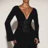 Robe A-line en mousseline de soie Reinara avec corset orné, en noir Robe A-line en mousseline de soie Reinara avec corset orné, en noir