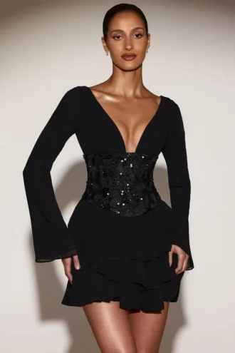 Robe A-line en mousseline de soie Reinara avec corset orné, en noir