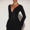 Robe A-line en mousseline de soie Reinara avec corset orné, en noir Robe A-line en mousseline de soie Reinara avec corset orné, en noir