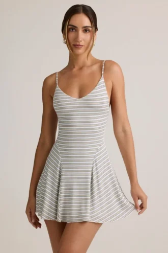 Robe A-line à nouer dans le dos en modal côtelé Mansi, rayures bleues et jaunes