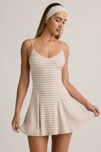 Robe A-line à nouer dans le dos en modal côtelé Mansi, rayures roses et jaunes