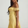 Robe A-line à épaules dénudées en dentelle Nahida, jaune pastel Robe A-line à épaules dénudées en dentelle Nahida, jaune pastel