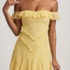 Robe A-line à épaules dénudées en dentelle Nahida, jaune pastel Robe A-line à épaules dénudées en dentelle Nahida, jaune pastel