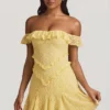 Robe A-line à épaules dénudées en dentelle Nahida, jaune pastel Robe A-line à épaules dénudées en dentelle Nahida, jaune pastel