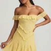 Robe A-line à épaules dénudées en dentelle Nahida, jaune pastel Robe A-line à épaules dénudées en dentelle Nahida, jaune pastel