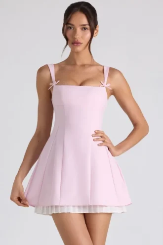 Robe A-line plissée avec nœud Cressida, rose pâle