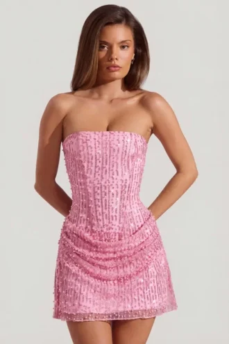 Robe A-line sans bretelles drapée et ornée Ziya, rose