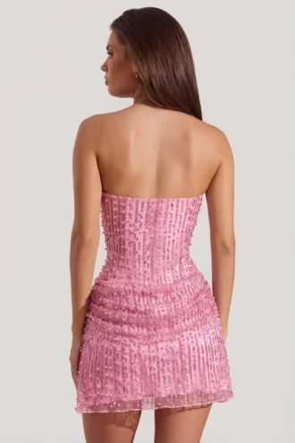Robe A-line sans bretelles drapée et ornée Ziya, rose