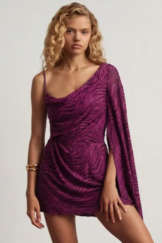 Robe A-line à une manche Angelie en jersey dévoré, couleur violet baie