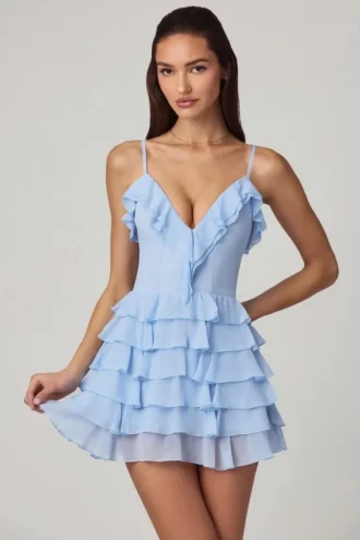 Robe A-line à volants et lacets Lolina, bleu poudré
