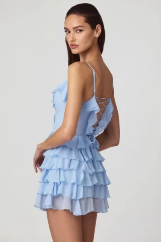 Robe A-line à volants et lacets Lolina, bleu poudré