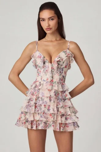 Robe A-line à volants et lacets Lolina, imprimé floral Primrose