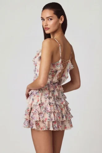 Robe A-line à volants et lacets Lolina, imprimé floral Primrose