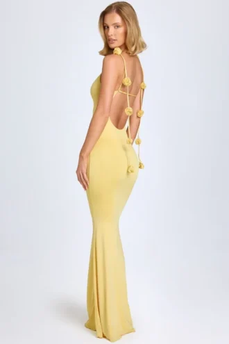 Robe Aldona en jersey fluide à appliqués floraux, jaune pastel