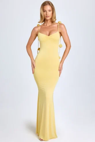 Robe Aldona en jersey fluide à appliqués floraux, jaune pastel