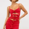 Robe Aniela en jersey moulant avec découpes et détails roses, rouge écarlate Robe Aniela en jersey moulant avec découpes et détails roses, rouge écarlate