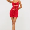 Robe Aniela en jersey moulant avec découpes et détails roses, rouge écarlate Robe Aniela en jersey moulant avec découpes et détails roses, rouge écarlate