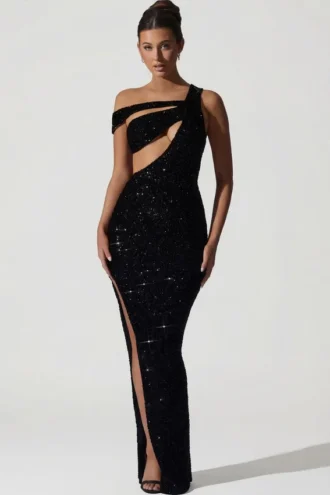 Robe asymétrique à découpes et ornements Persephone, en noir
