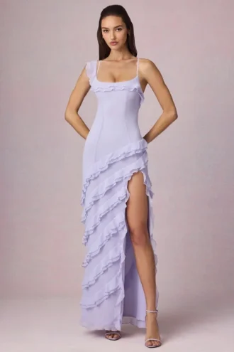 Robe asymétrique à volants et lacets Hera en lilas