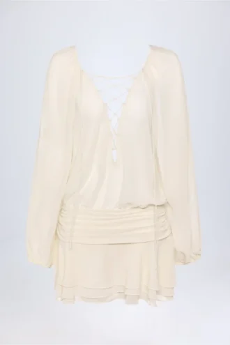 Robe Avalon à manches ballon et laçage, couleur ivoire