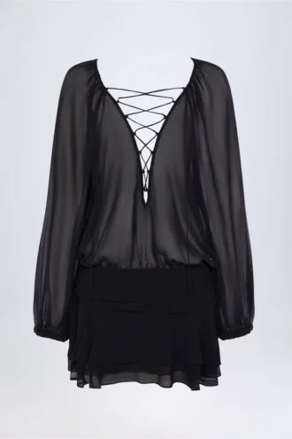 Robe Avalon à manches ballon et laçage, en noir